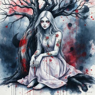 The primary subject of the image is a woman sitting under a tree. She is wearing a white dress and has a flower design on her arm. The setting is a forest, with the tree being the main focus of the scene. The visual style is a combination of digital art and illustration, creating a surreal and artistic atmosphere. The colors are predominantly red and white, giving the image a dramatic and intense mood.